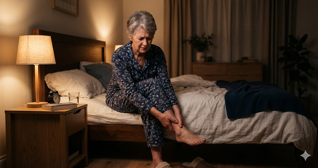 Burning feet at night — woman sitting on bed holding her feet